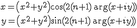 \begin{array}{c}<br />x=\left(x^2+y^2\right) \cos (2 (n+1) \, \arg (x+i y)) \\<br />y=\left(x^2+y^2\right) \sin (2 (n+1) \, \arg (x+i y))<br />\end{array}